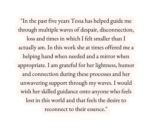 In the past five years Tessa has helped guide me through multiple waves of despair disconnection loss and times in which I felt smaller than I actually am In this work she at times offered me a helping hand when needed and a mirror when appropriate I am grateful for her lightness humor and connection during these processes and her unwavering support through my waves I would wish her skilled guidance onto anyone who feels lost in this world and that feels the desire to reconnect to their essence