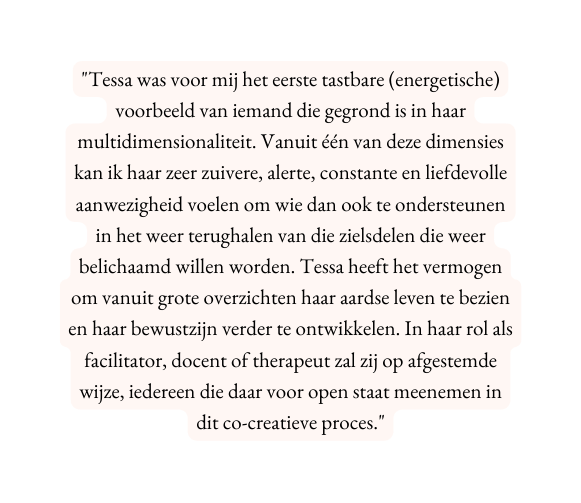 Tessa was voor mij het eerste tastbare energetische voorbeeld van iemand die gegrond is in haar multidimensionaliteit Vanuit één van deze dimensies kan ik haar zeer zuivere alerte constante en liefdevolle aanwezigheid voelen om wie dan ook te ondersteunen in het weer terughalen van die zielsdelen die weer belichaamd willen worden Tessa heeft het vermogen om vanuit grote overzichten haar aardse leven te bezien en haar bewustzijn verder te ontwikkelen In haar rol als facilitator docent of therapeut zal zij op afgestemde wijze iedereen die daar voor open staat meenemen in dit co creatieve proces